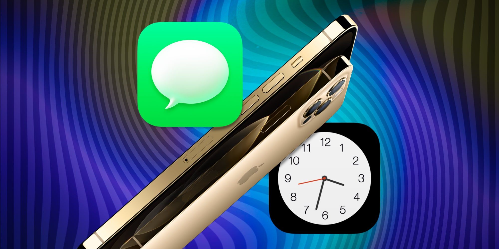 Apple iPhone With iMesssage And Clock App Icons Over Warp BG