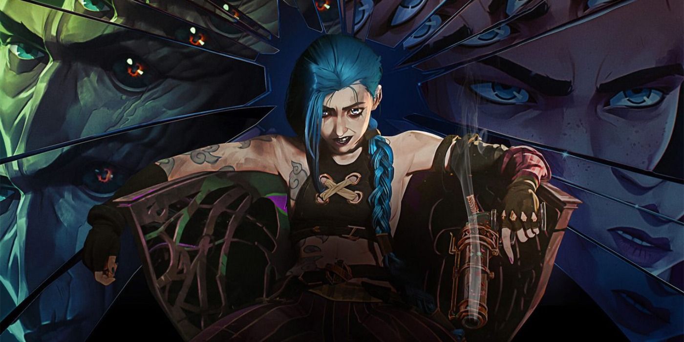 Jinx slumped back in a chair with a smoking gun in Arcane promo art
