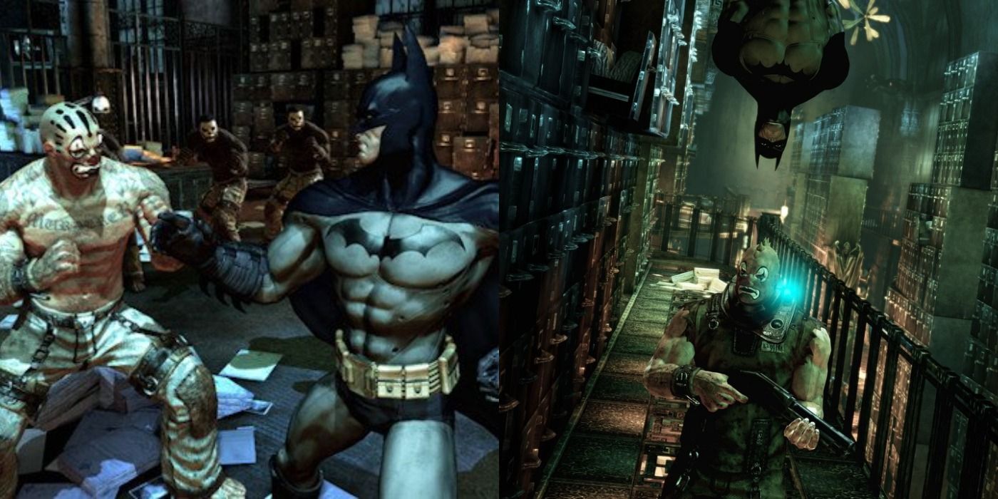 Split image of Batman fighting a group of thugs and hanging over an armed enemy in Arkham Asylum