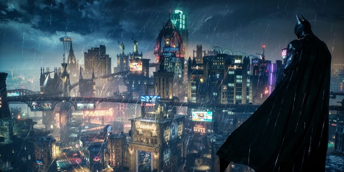 Batman watches over Gotham City in Batman: Arkham Knight.