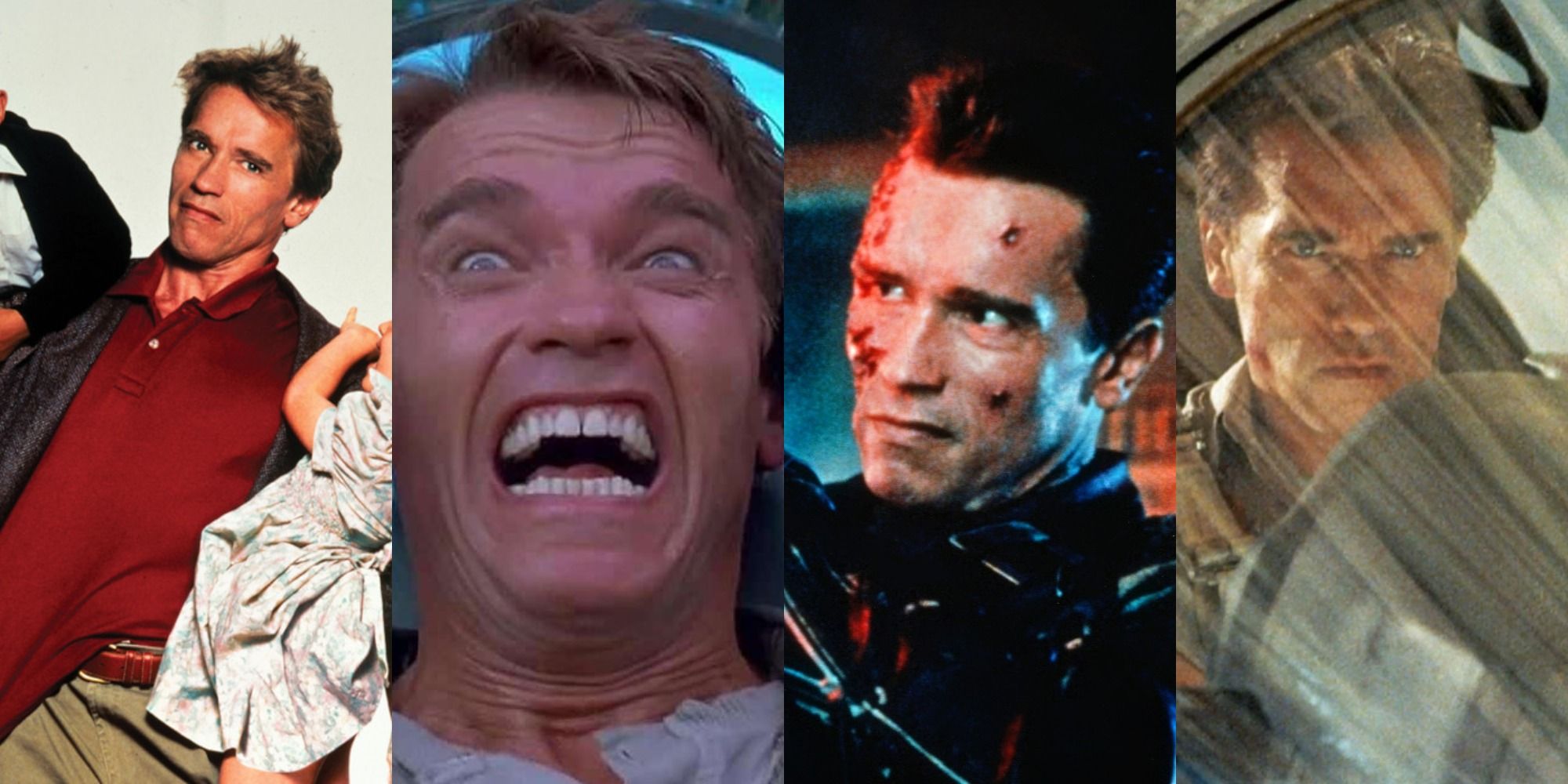 Arnold Schwarzenegger collage from Total Recall, Kindergarten Cop, True Lies, and T2