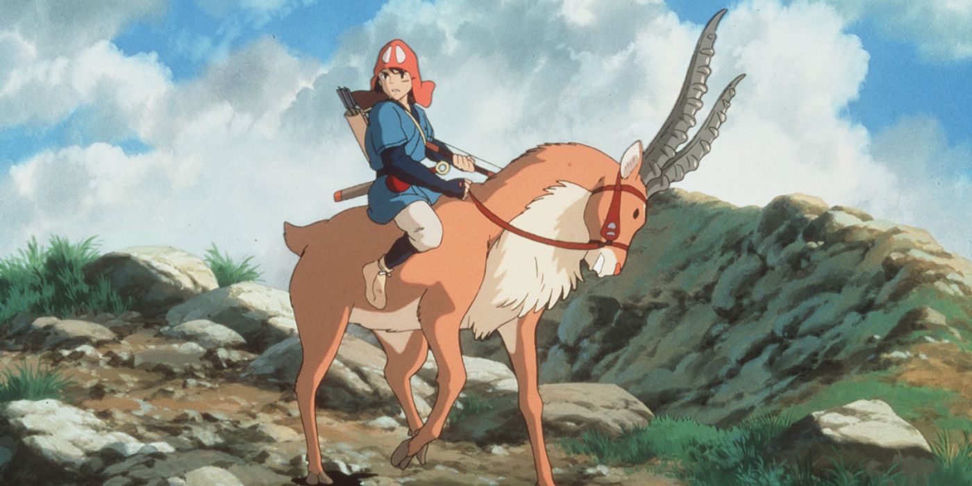 Ashitaka montando seu alce em Princess Mononoke