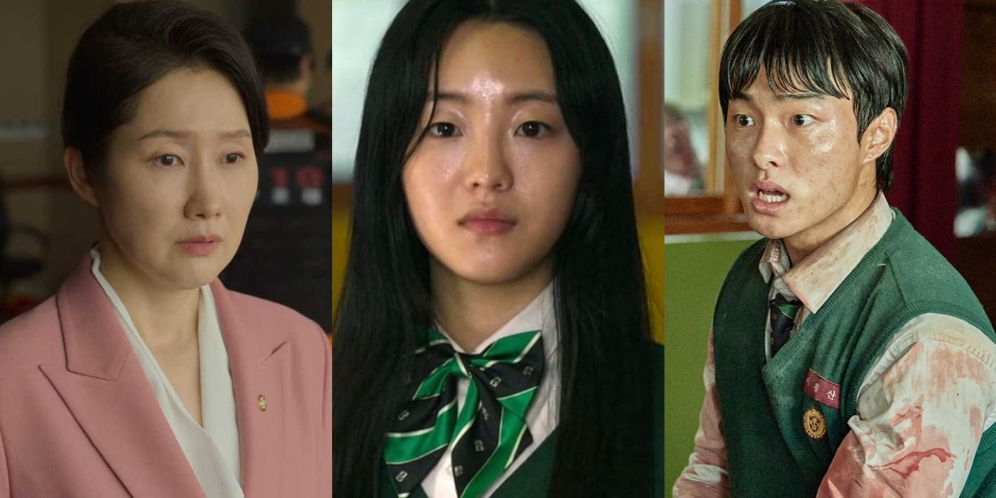Three images showing Assemblywoman Park, Nam-ra, and Cheong-san in All of Us Are Dead.