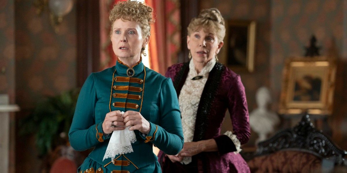 Aunts Ada Brook and Agnes Van Rhijn look worried in The Gilded Age