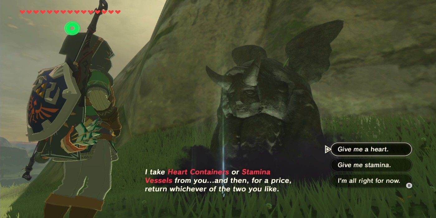 A estátua em Breath of the Wild onde Link pode trocar Spirit Orbs por corações ou resistência.