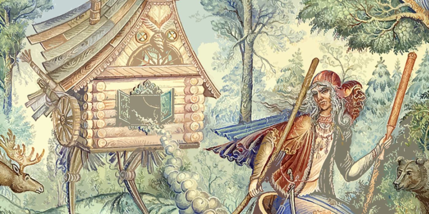 Baba Yaga moves through the forest alongside her walking house