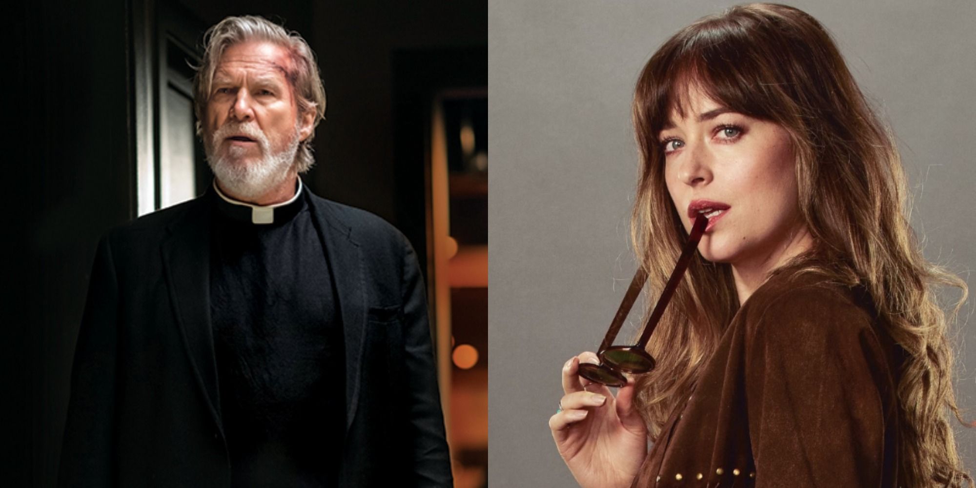 Split image showing Father Flynn and Emily in Bad Times at the El Royale