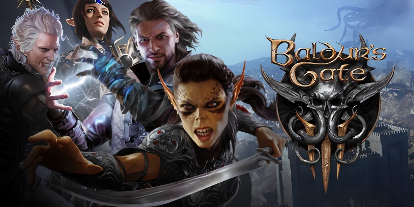 Baldur's Gate 3 promo art featuring a cast of different characters in a party