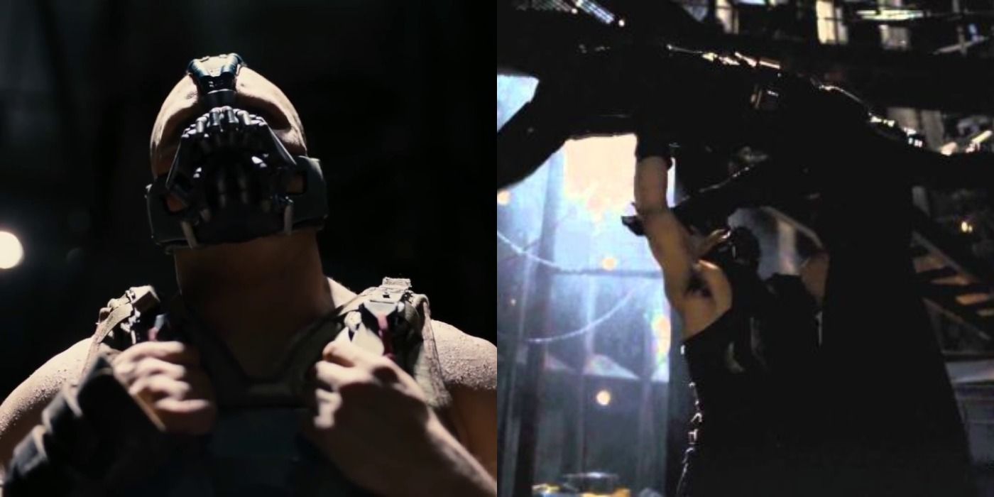 Split image of Bane facing Batman in the sewers and about to break him over his knee in The Dark Knight Rises