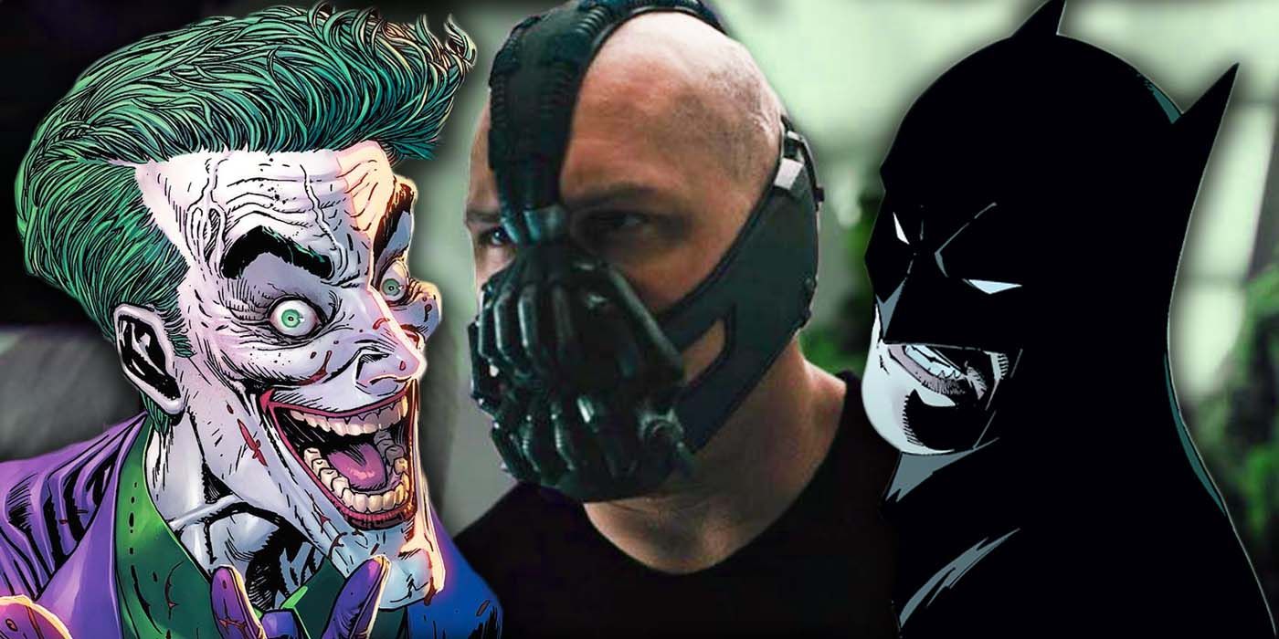 Bane in The Dark Knight Rises with Joker and Batman.
