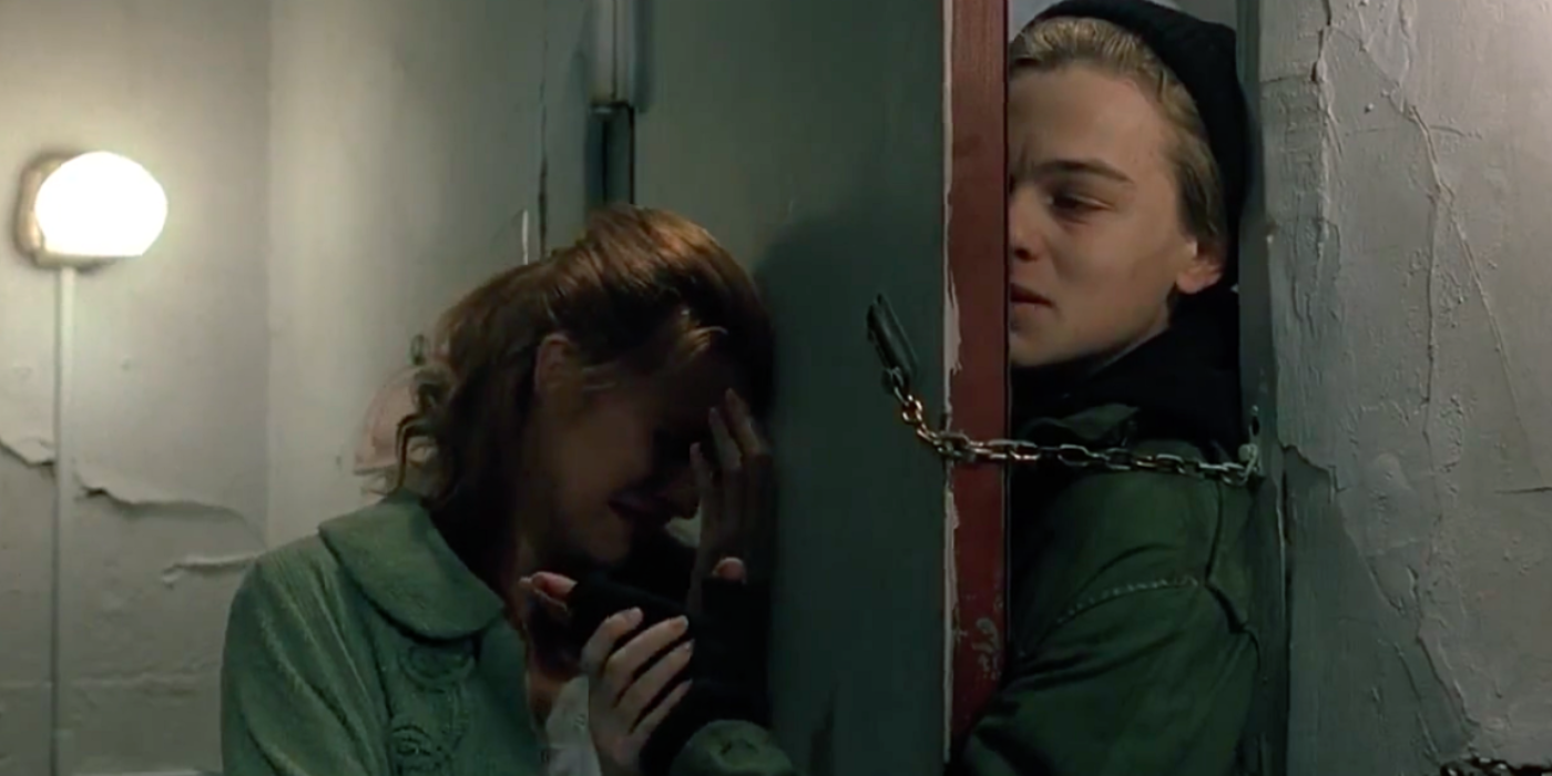 Leonardo DiCaprio's character on the outside of a chained door and his mother crying on the other side of the door in Basketball Diaries.