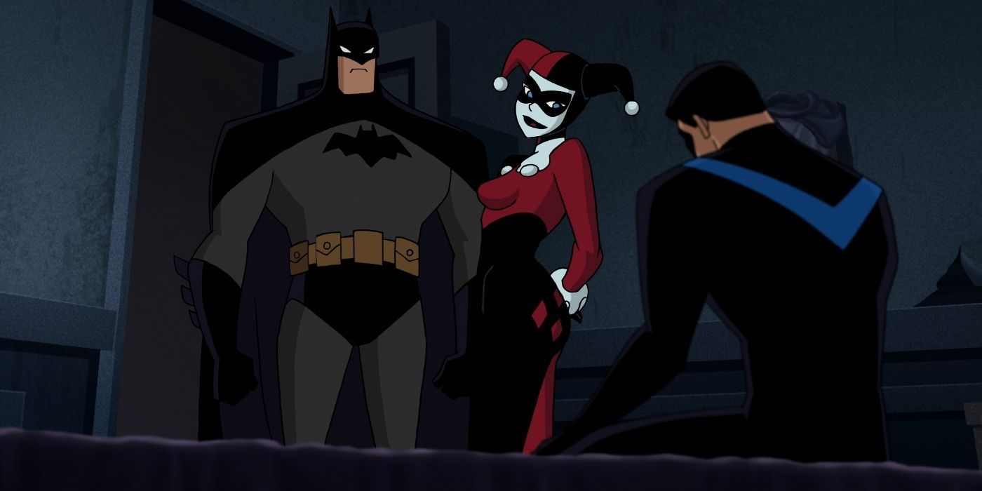 Batman, Harley Quinn, and Nightwing in a room.