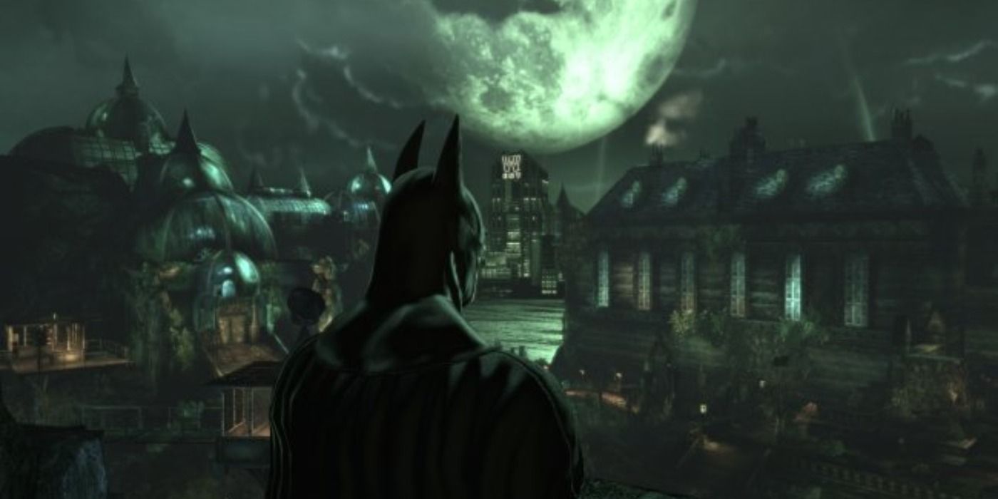 Batman on Arkham Island at night overlooking the asylum