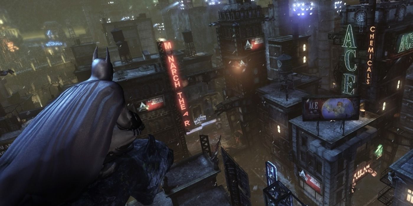 Batman perched on a gargoyle overlooking Arkham City