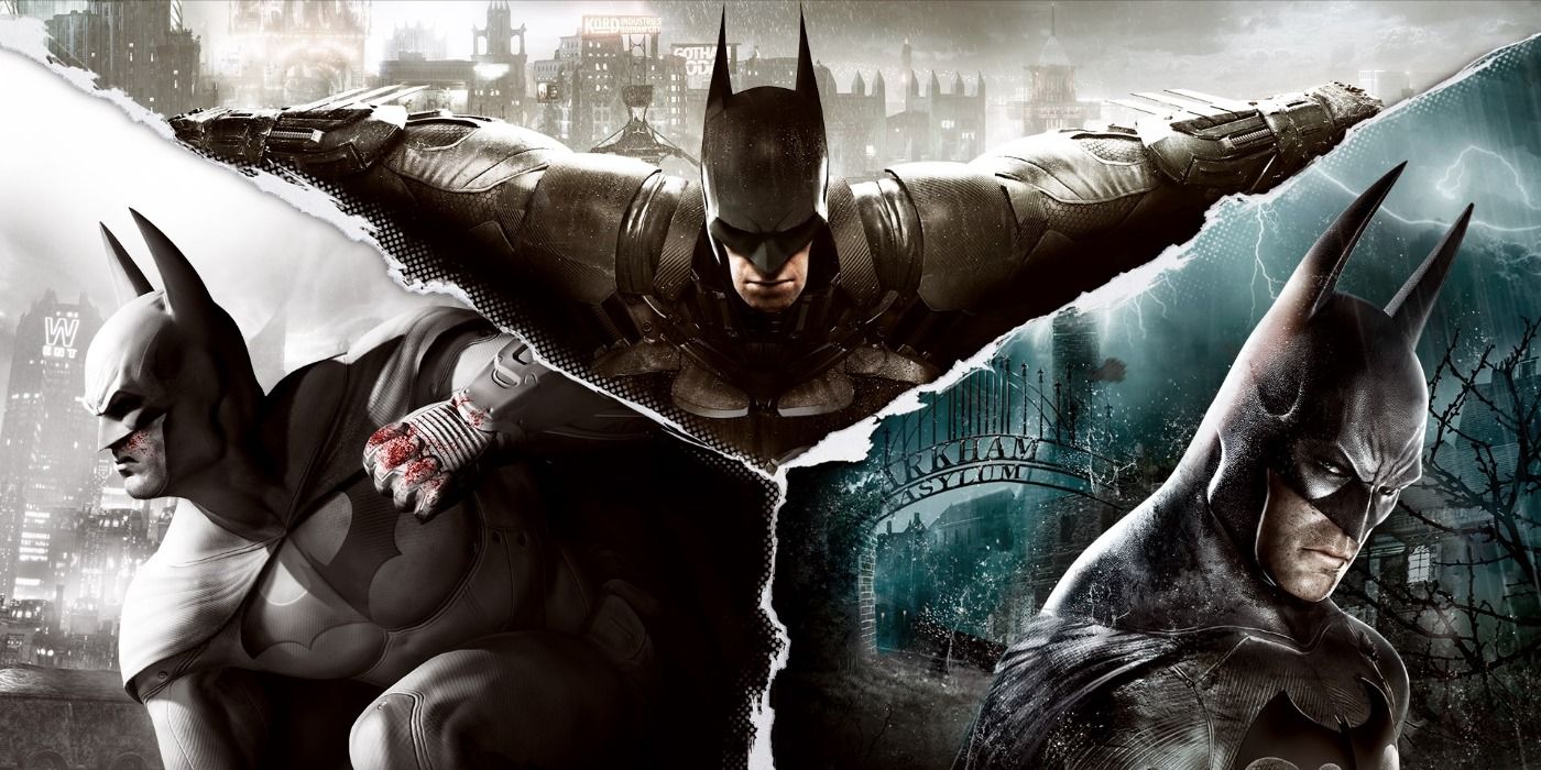Batman in split promo art for the Arkham Collection
