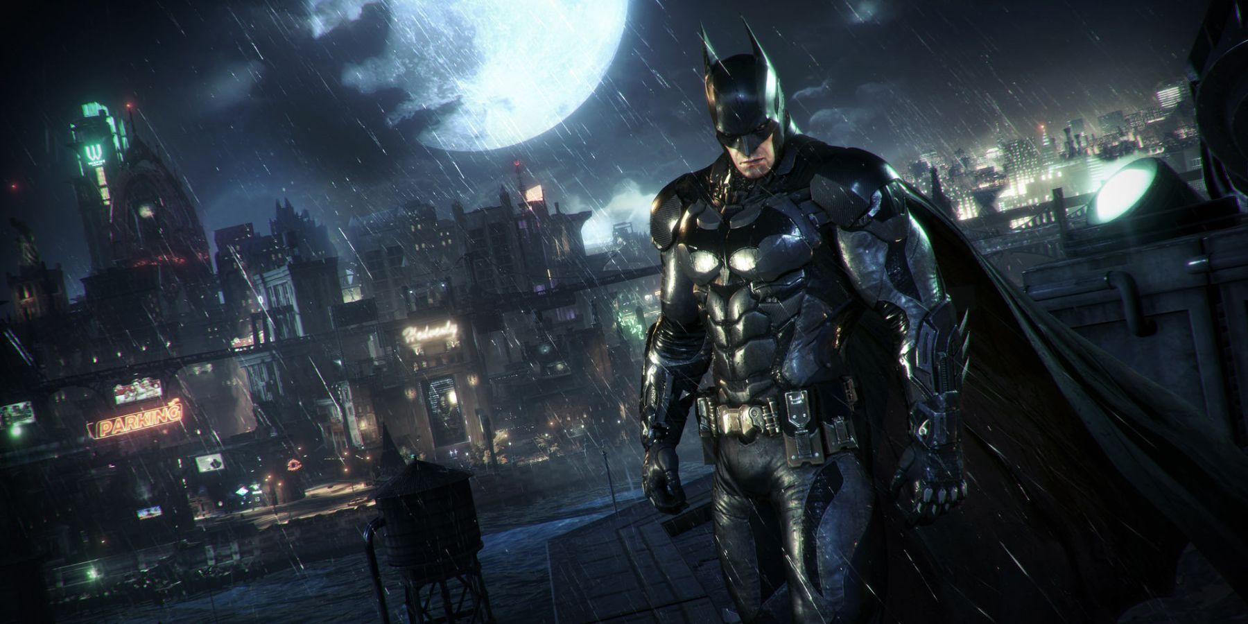 Batman with Gotham behind him in Arkham Knight