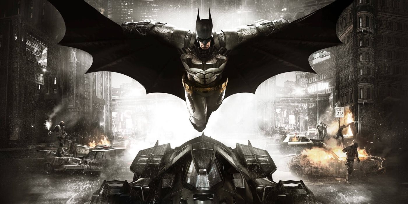 Batman gliding over the Batmobile in Arkham Knight promo art
