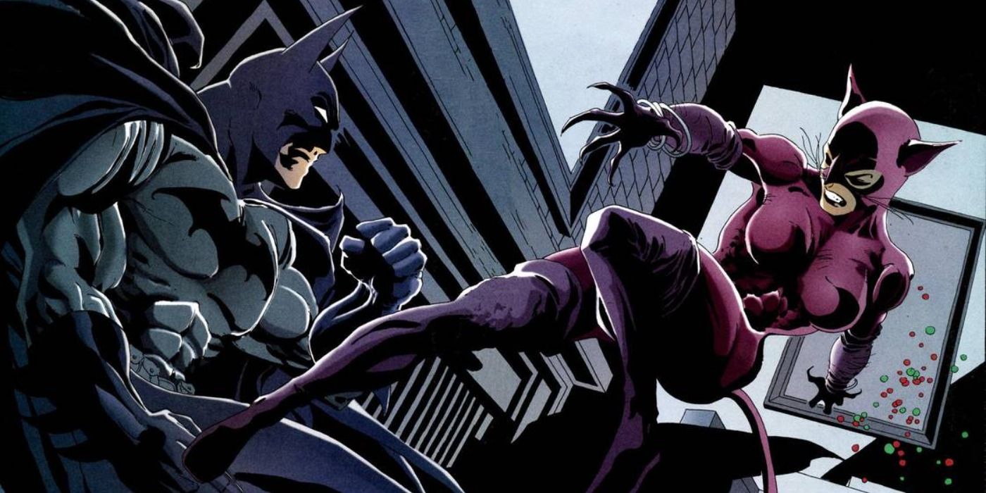 Batman and Catwoman fighting in The Long Halloween