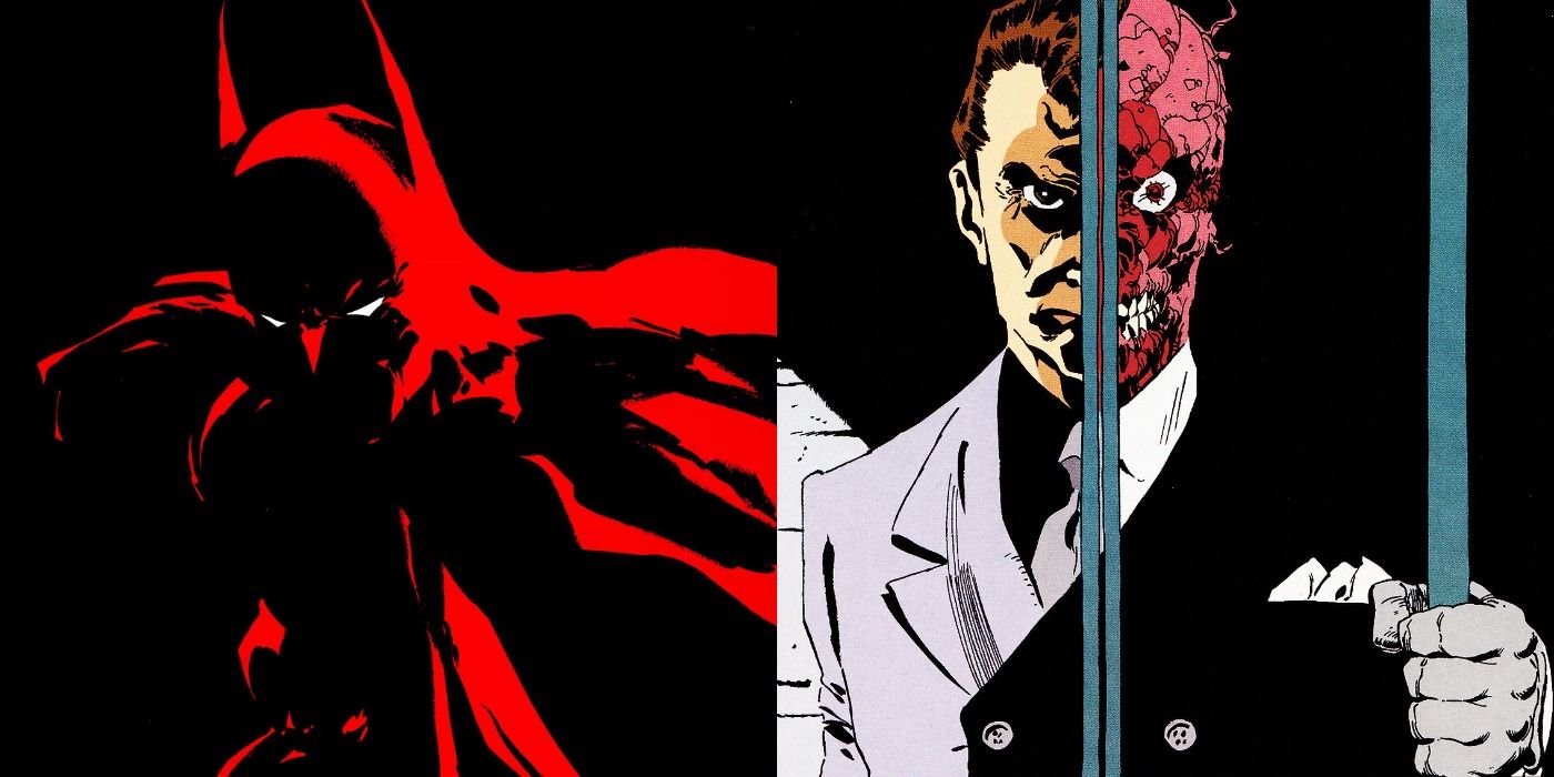 Split image of Batman lit by neon red and Two-Face behind bars in Dark Victory