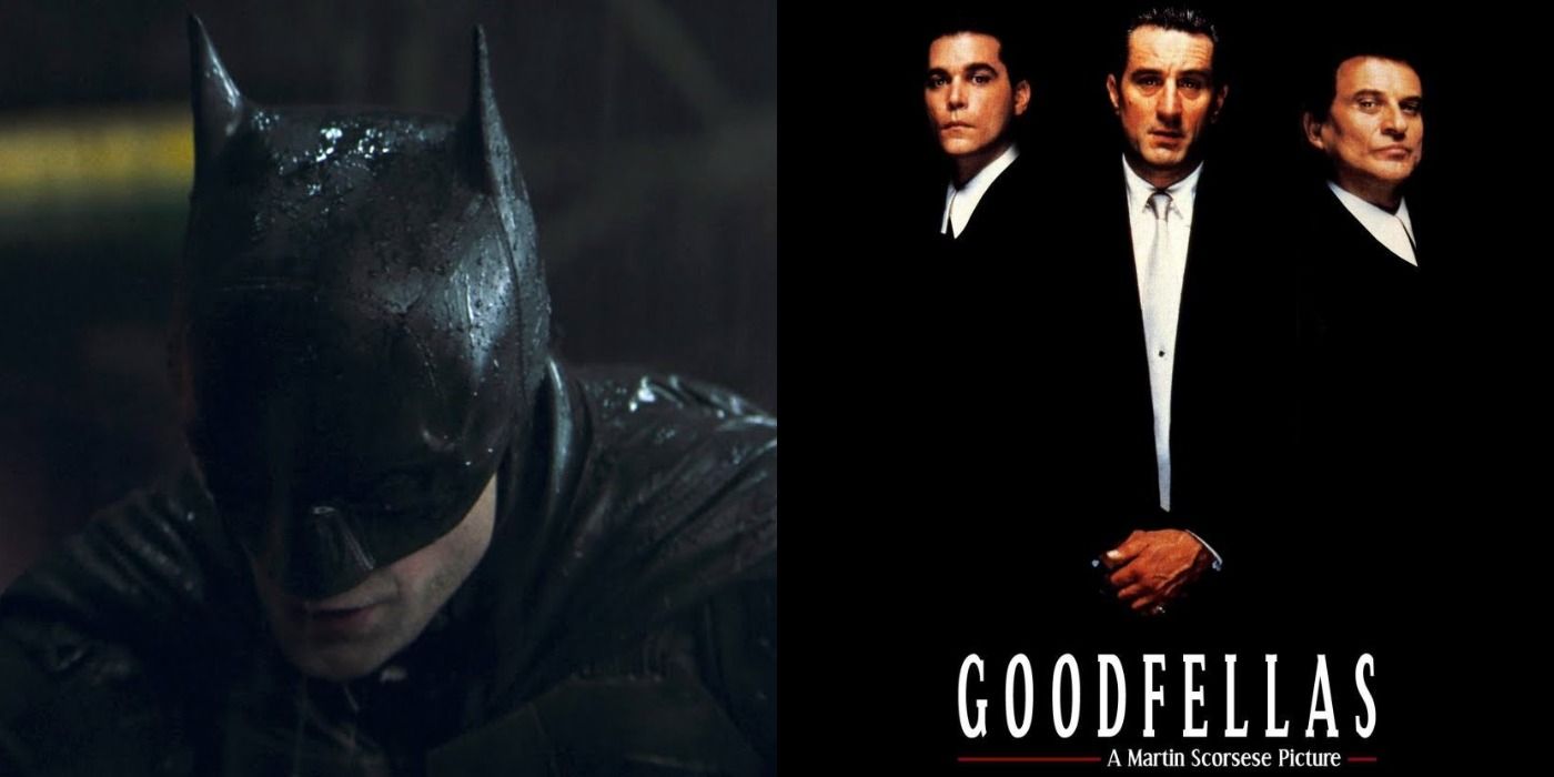 Split image Batman beating down a gang member and the Goodfellas poster