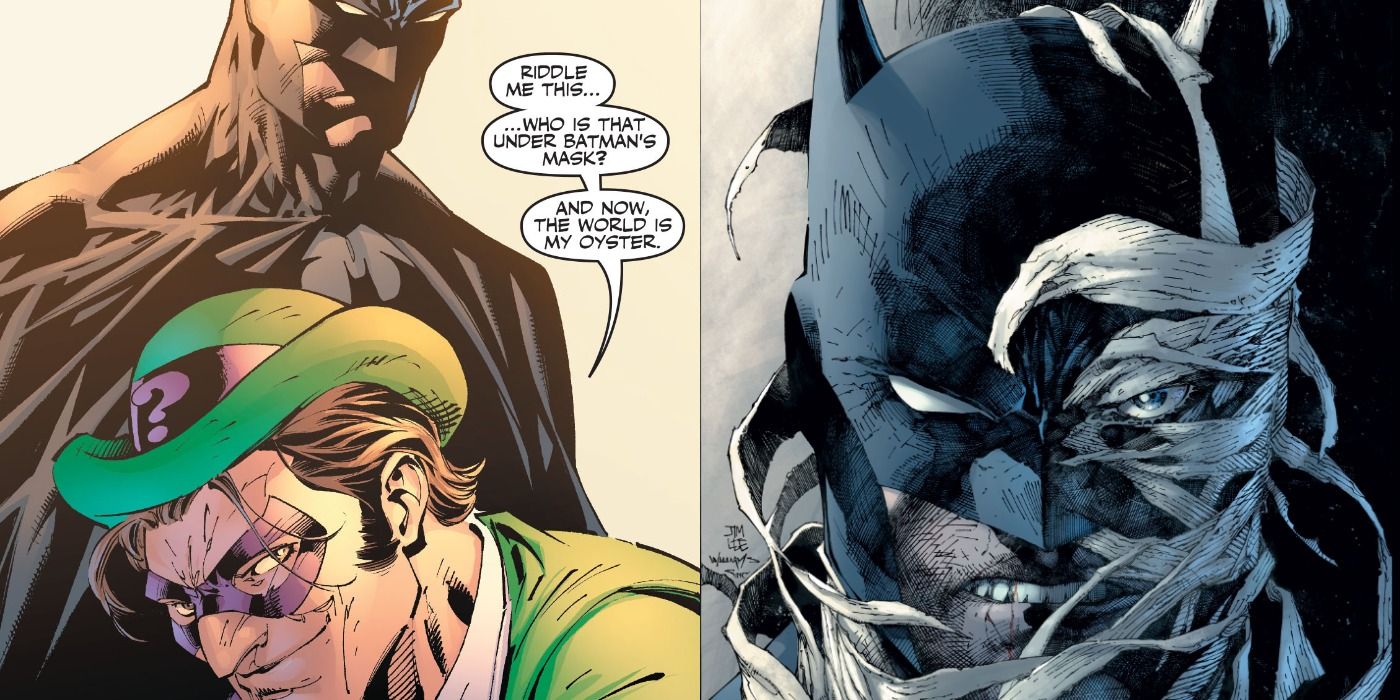 Split image of Batman and Riddler in the latter&rsquo;s cell and cover art of Batman and Hush&rsquo;s faces together