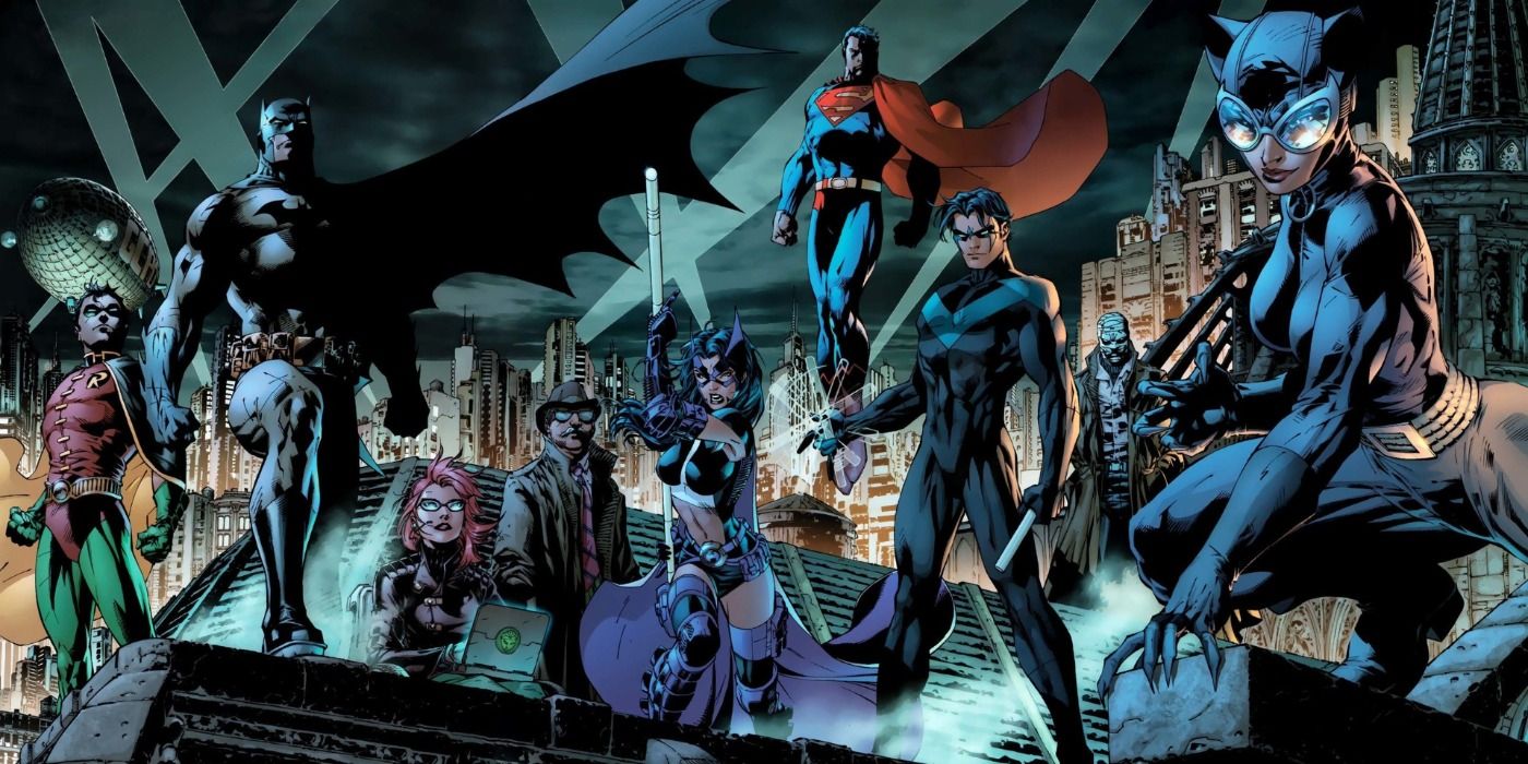 Promo art of Batman with the wide cast of the Hush comic book series