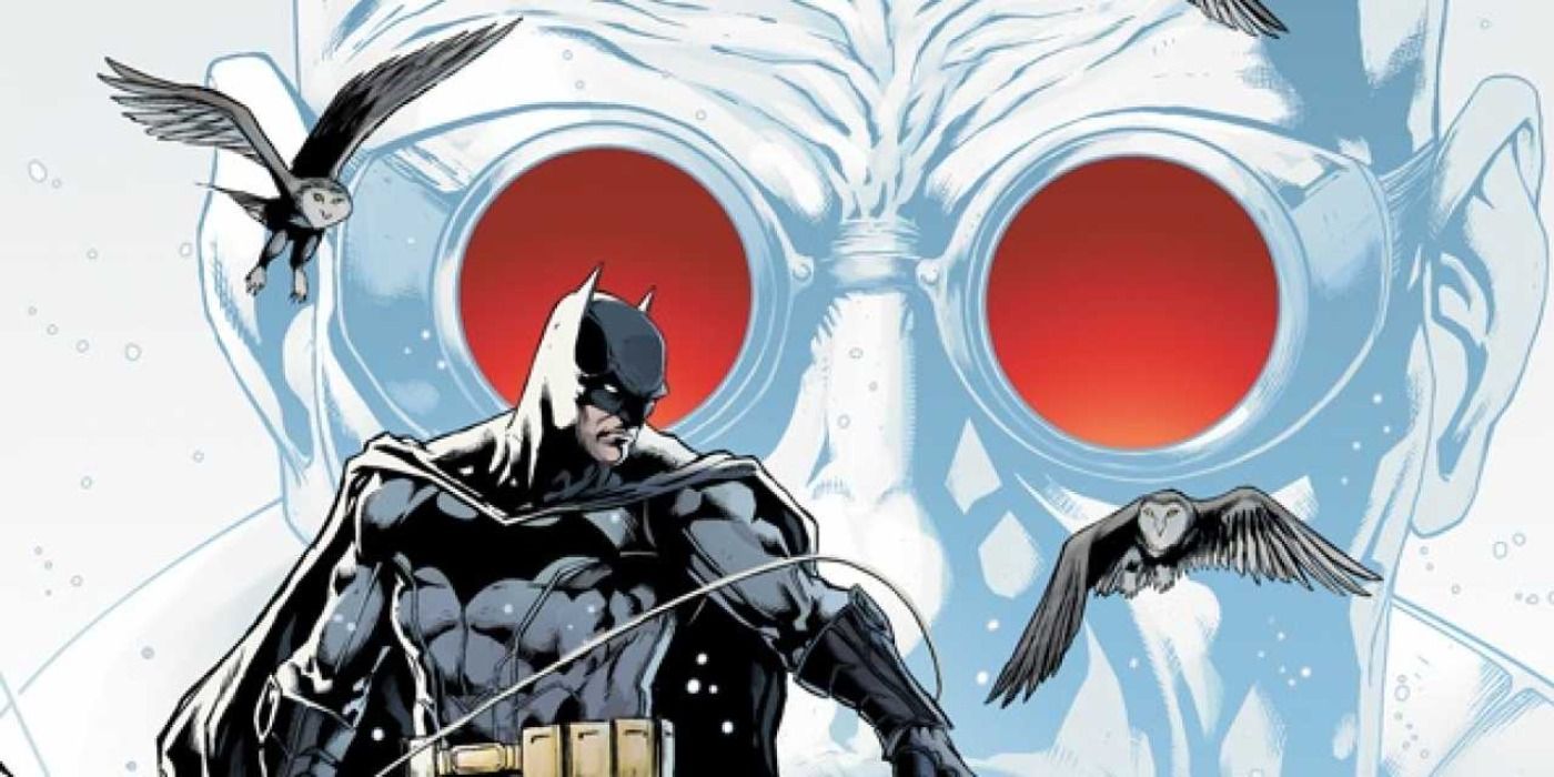 Batman with a foreboding Mr. Freeze looming in the background in First Snow cover art