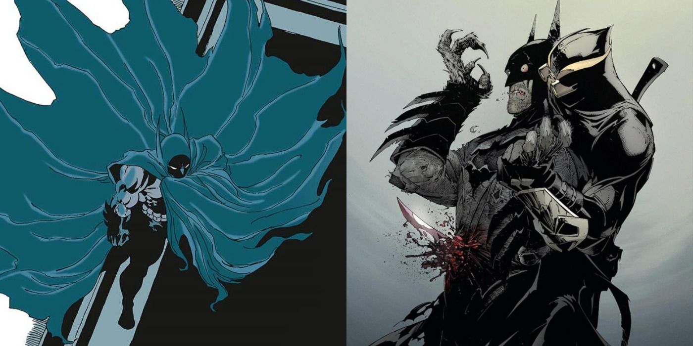 Split image of Batman holding his sprawling cape in The Long Halloween and being stabbed in the back by Talon in The Court of Owls