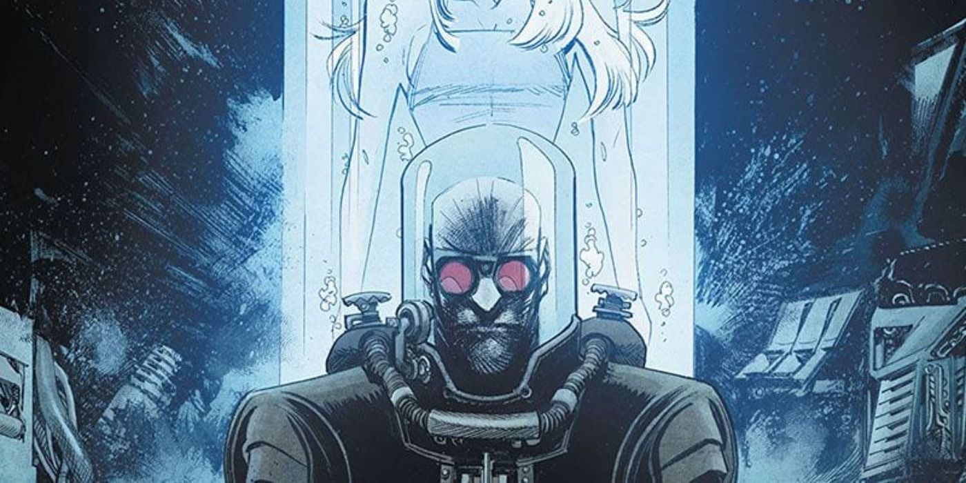 Mr. Freeze in his cryogenic suit standing in front of frozen wife's chamber