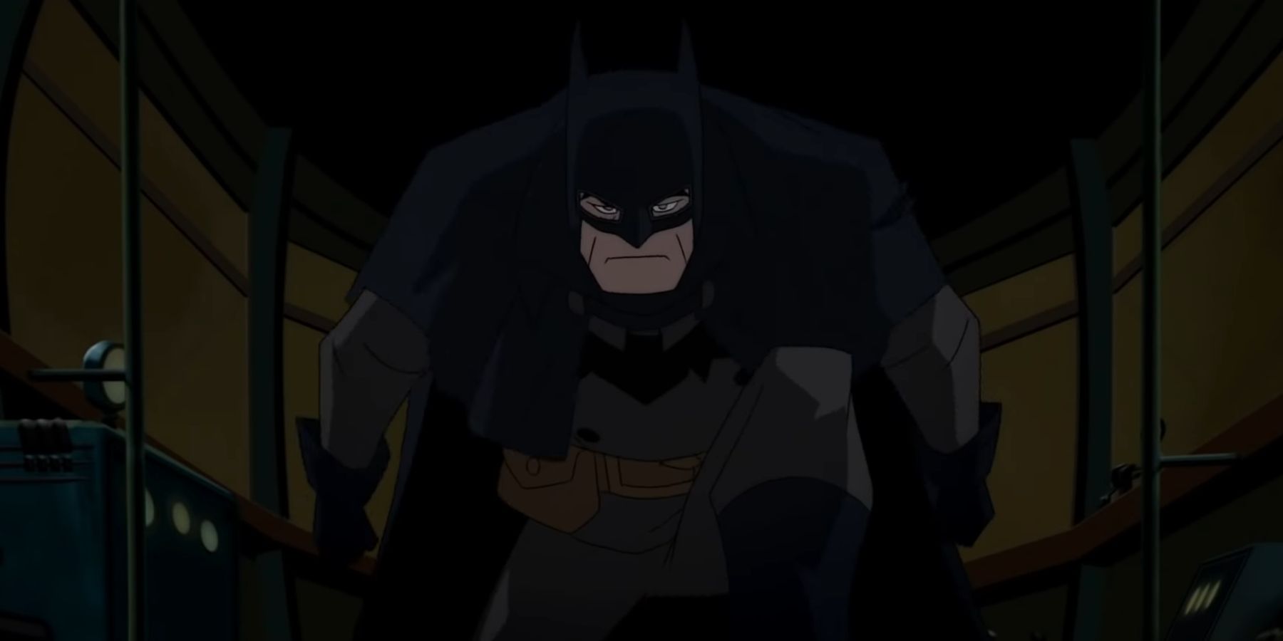 Batman sticking a superhero landing inside the airship in Batman Gotham By Gaslight