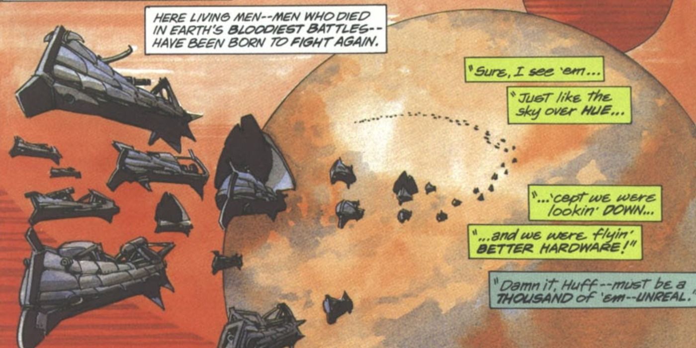 Battleships leave a planet in The Light And Darkness War comic.