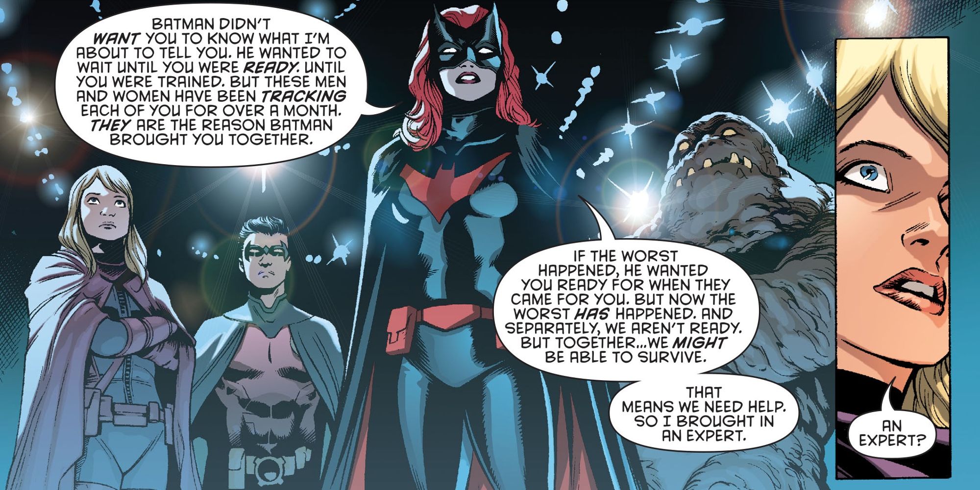 Batwoman leading her team with Tim Drake, Stephanie Brown, and Clayface in The Belfy in Rise Of The Batmen