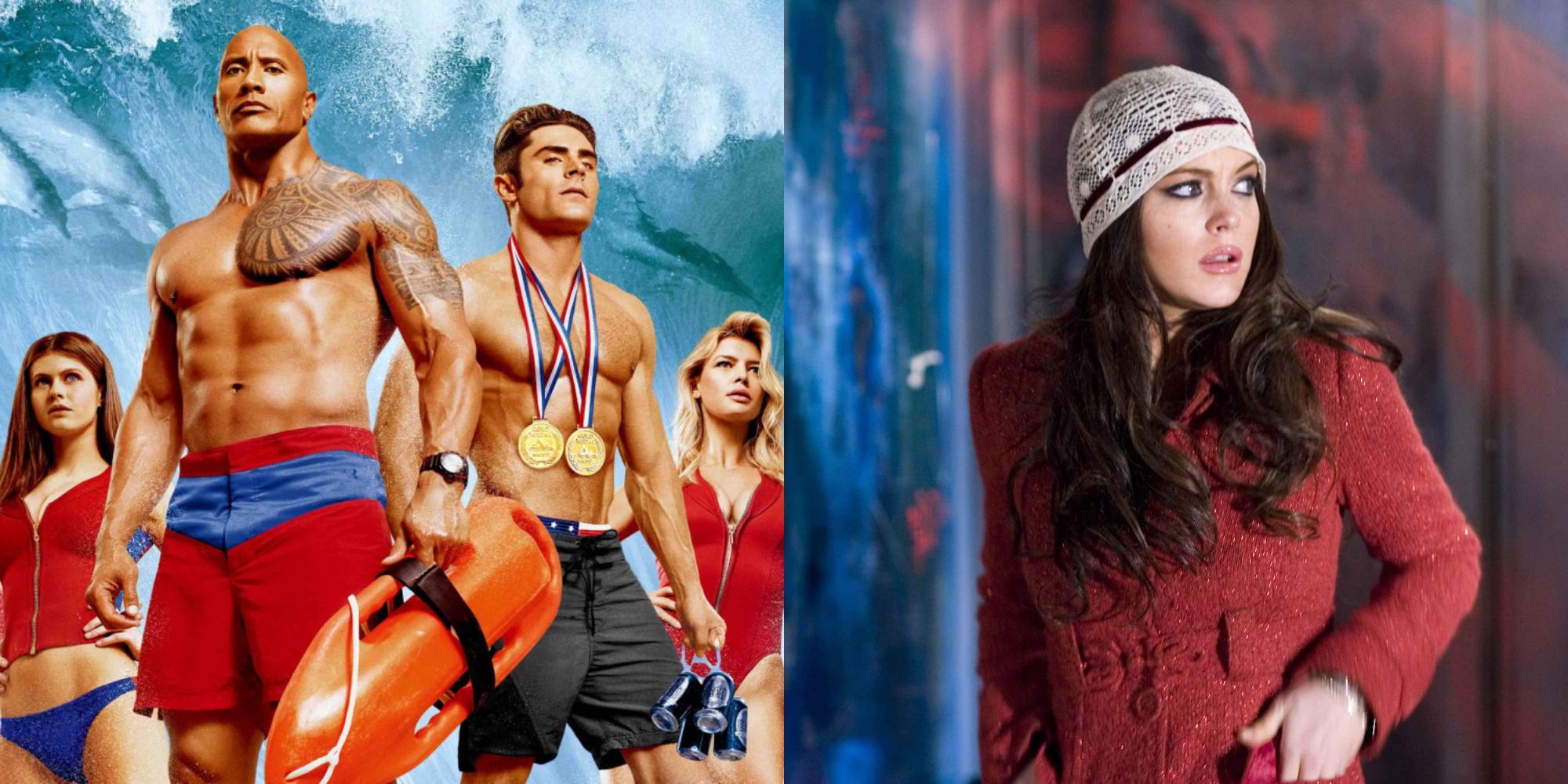 Split image showing the cast of Baywatch and Lindsay Lohan in I Know Who Killed Me