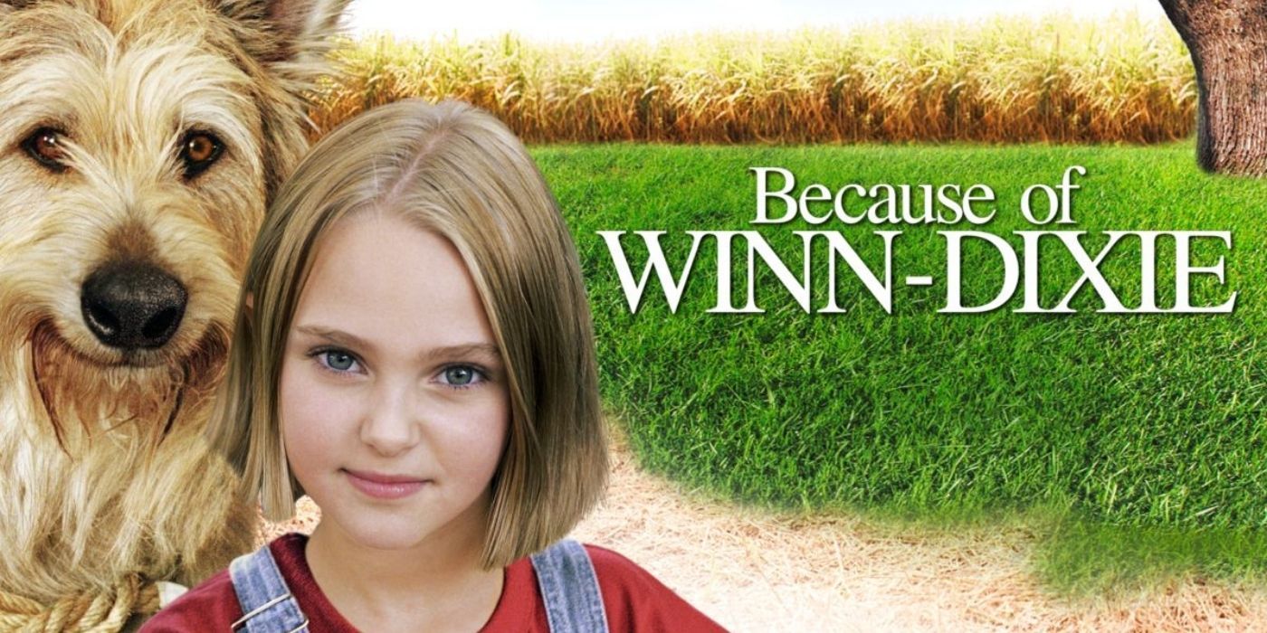 Poster for the movie Because of Winn-Dixie showing a girl and a dog