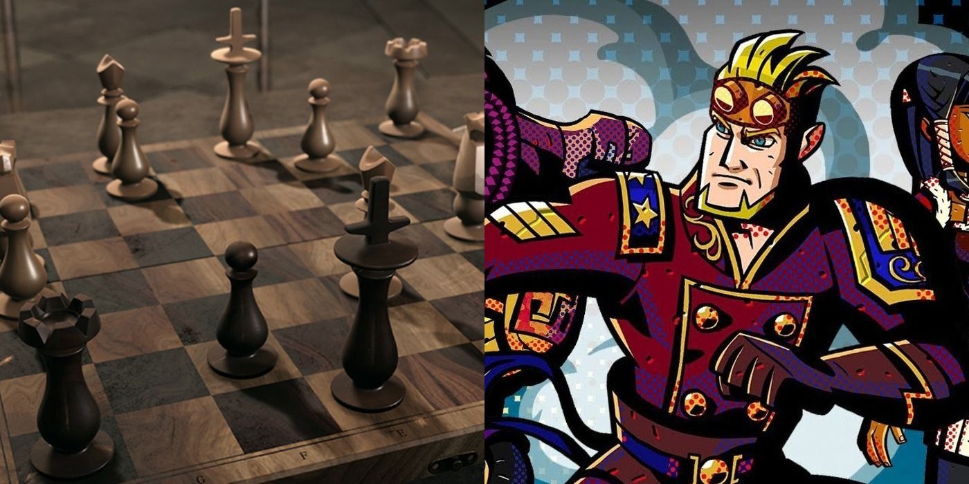 Split image of a chess board and characters from Codename Steam