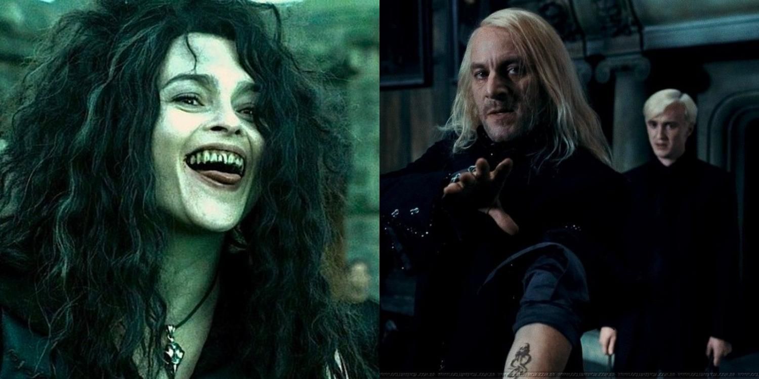 Bellatrix laughing and Lucius showing his dark mark with Draco in the background in Harry Potter