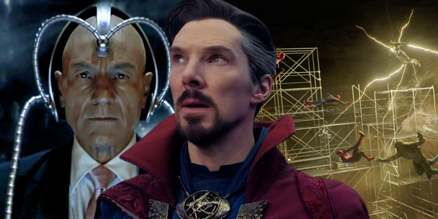 Benedict Cumberbatch as Doctor Strange, Patrick Stewart as Professor X, and Spider-Man No Way Home