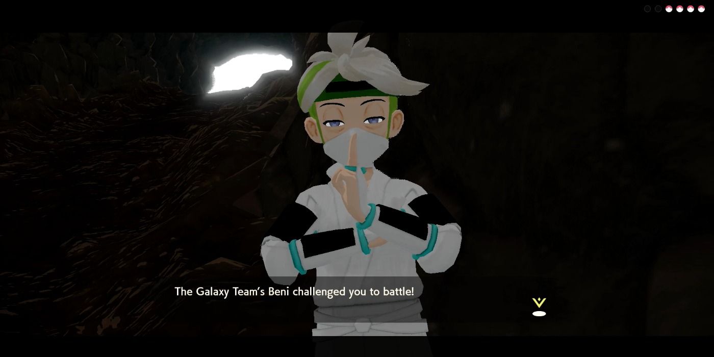 Beni revealing himself as a Galaxy Team member and challenging the protagonist in Pokémon Legends