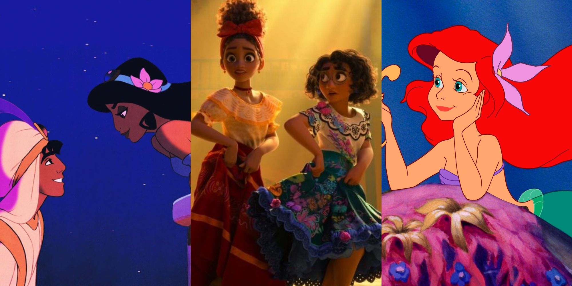 Split image of Jasmine about to kiss Aladdin, Dolores and Mirabel dancing, and Ariel holding a flower