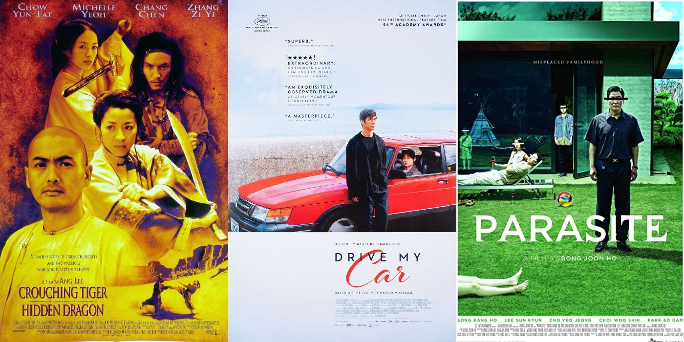 Split image of posters for Crouching Tiger, Hidden Dragon, Drive My Car, and Parasite.