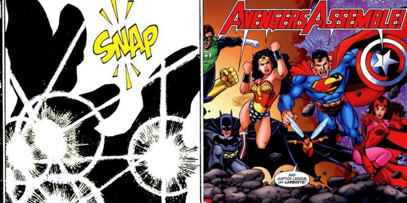 Split image of Thanos snapping his fingers and Avengers and JLA assembling in Marvel Comics.