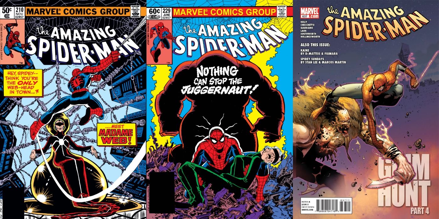 Split image of comic covers of The Amazing Spider-Man 210, 230, and 637.