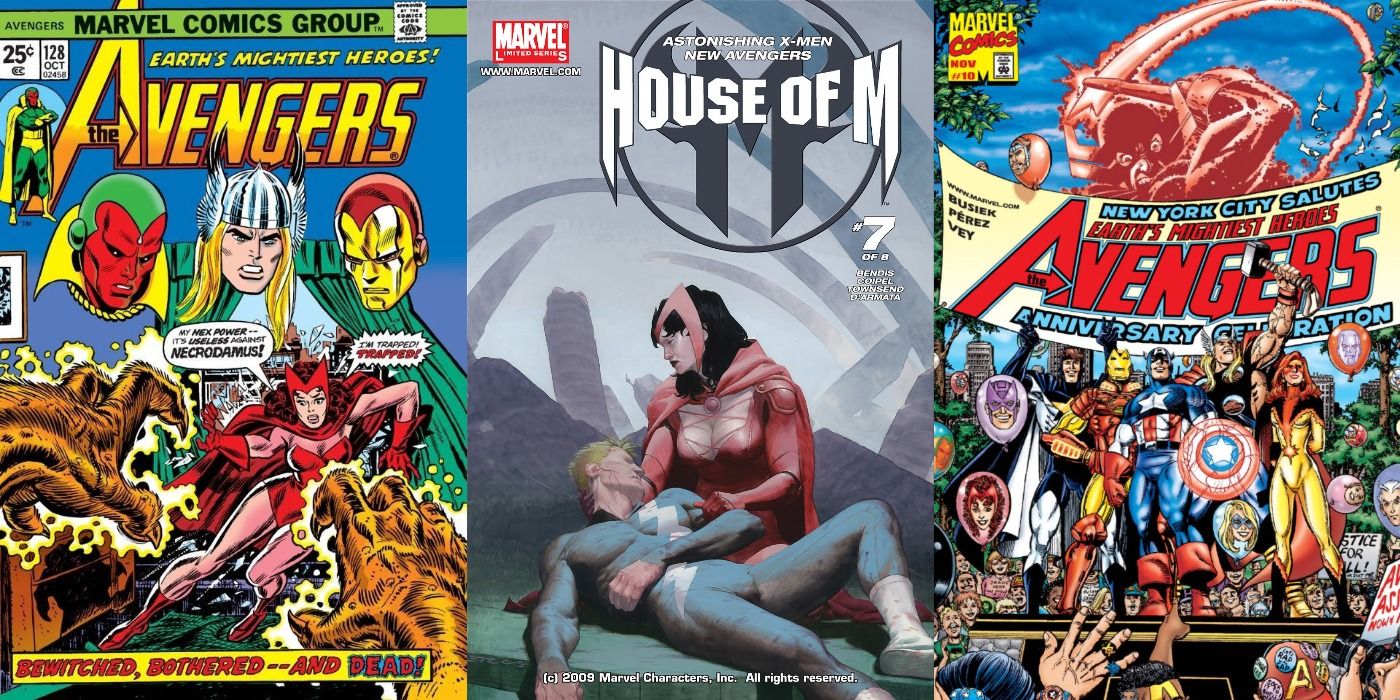 Split image of comic covers of Avengers 128, House of M 7, and Avengers 10.