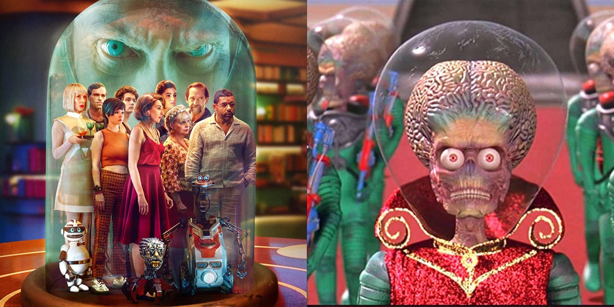 Split image showing scenes from Big Bug and Mars Attacks!
