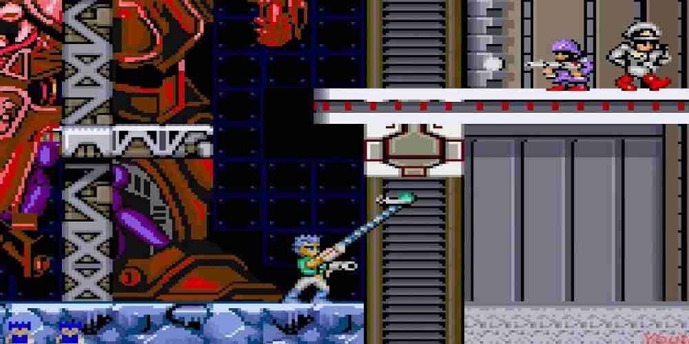 Bionic Commando as it appears in the arcades, with the hero using his grappling hook.