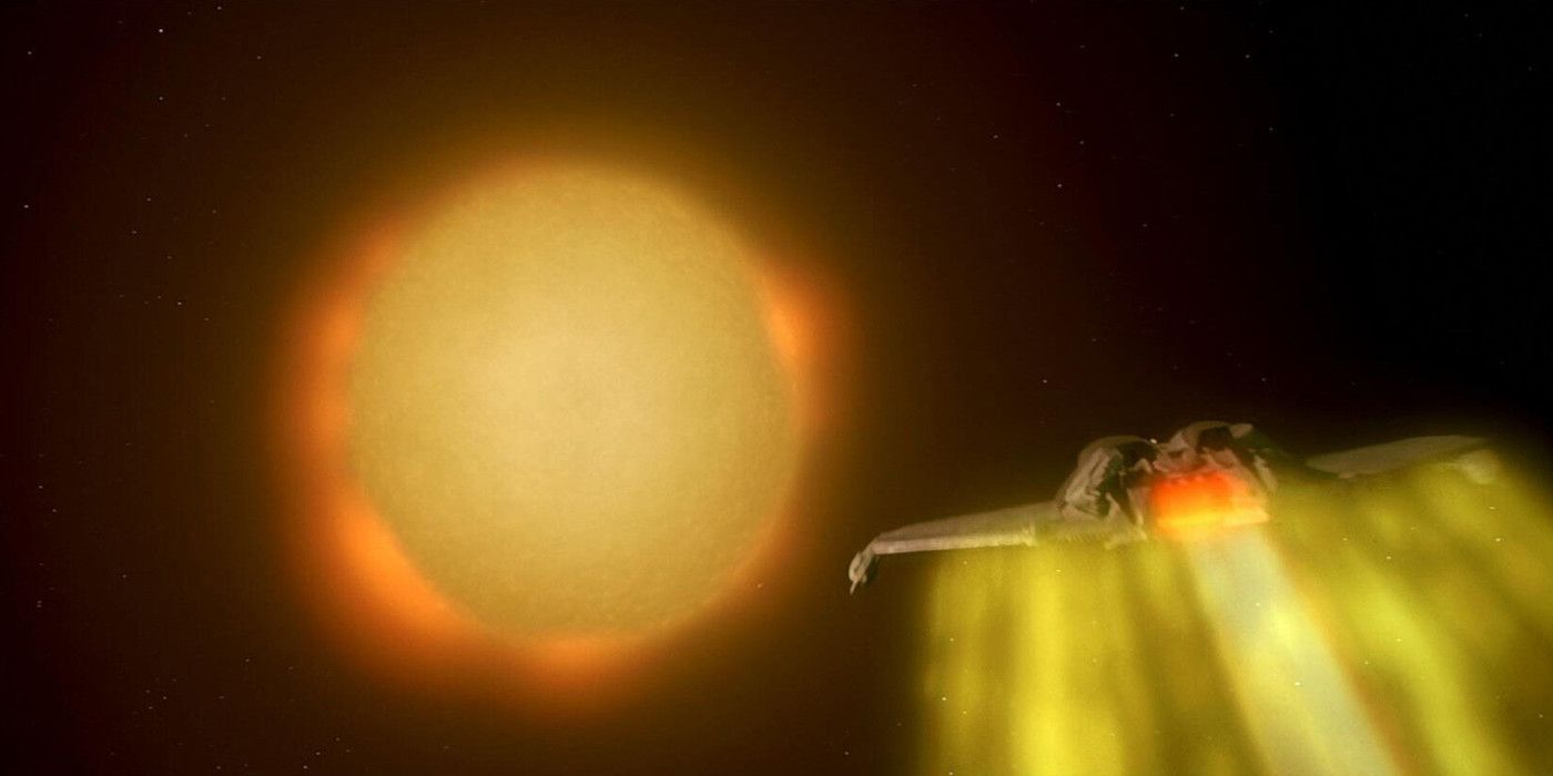 Kirks bird of prey attempting to slingshot around the sun in Star Trek IV: The Voyage Home