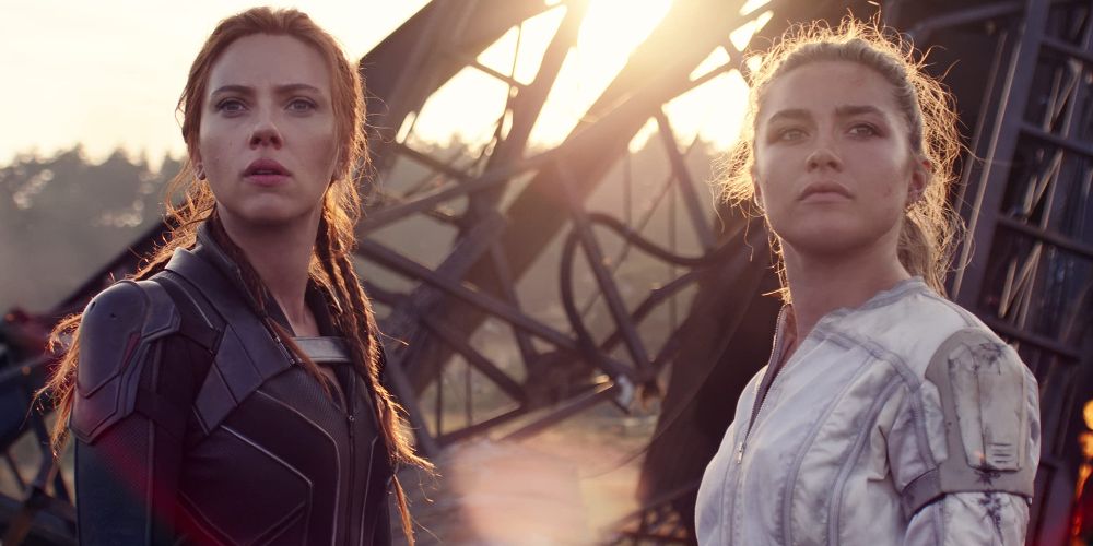 Natasha and Yelena stand side by side and look up in Black Widow