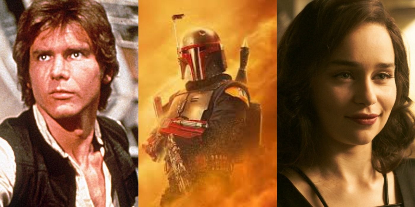 Split image of Han Solo, Boba Fett, and Qi'ra from Star Wars.