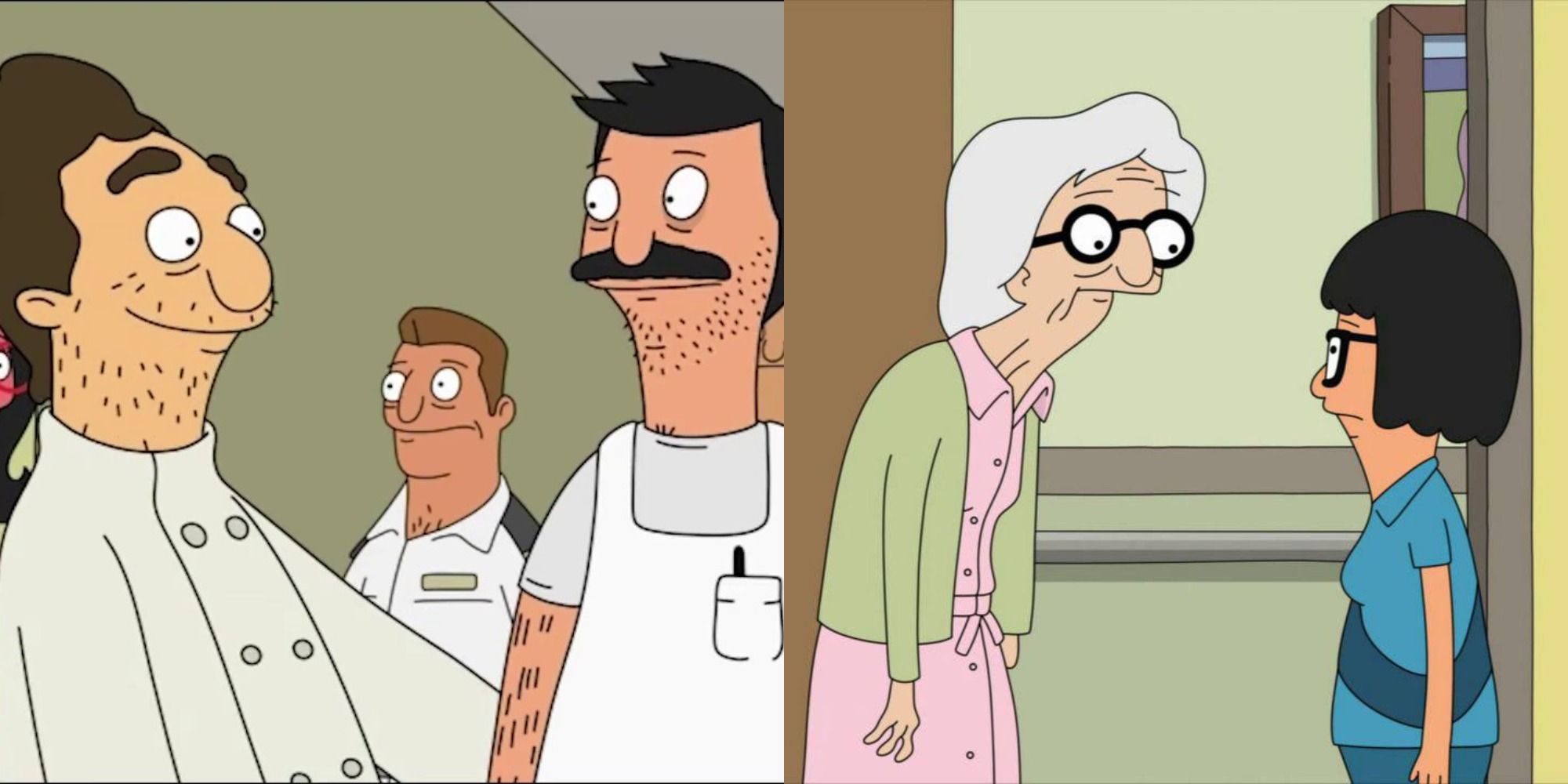 Split image showing Duval and Bob and Meryl and Tina in Bob's Burgers.