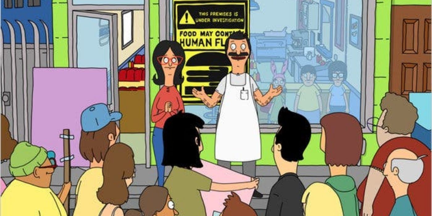 Bob and Linda addressing a crowd outside their restaurant in Bob's Burgers